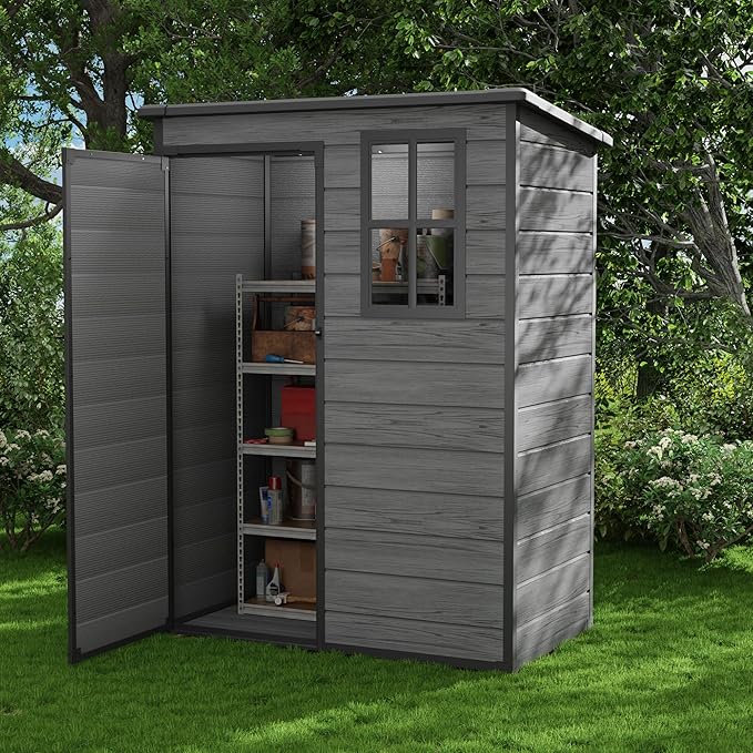 UDPATIO Outdoor Storage Shed 5x3 FT, Plastic Garden Shed for Bike, Garbage Can, Tool, Outside Sheds & Outdoor Resin Shed with Lockable Door for Backyard, Patio, Lawn, Dark Grey