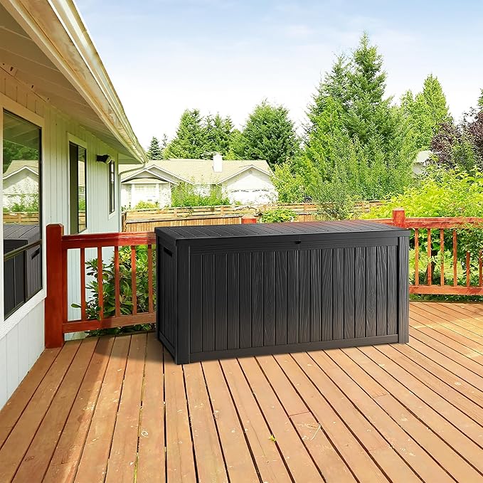 TARKARI 270 Gallon Lockable Resin Deck Box, Waterproof & UV-Resistant Outdoor Storage Box for Outdoor Cushion Storage, Garden Tools & Pool Accessories Storage, Black