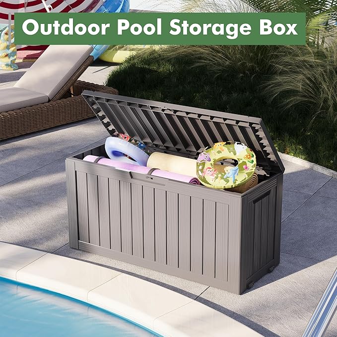 Outdoor Storage Box, Resin Deck Boxes Indoor and outdoor, Waterproof Storage Box Lockable Lid (Grey, 80 Gallon)