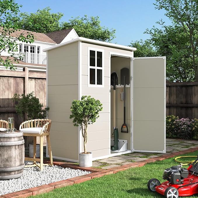 UDPATIO Outdoor Storage Shed 5x3 FT, Resin Garden Shed for Bike, Garbage Can, Tool, Outside Plastic Shed with Lockable Door for Backyard, Patio, Lawn, Sandstone