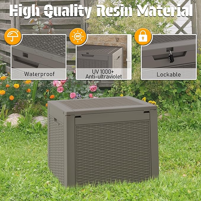 NUNU LAB 35 Gallon Outdoor Storage Box Waterproof, Outside Package Delivery Deck Boxes with Lockable Lid, Backyard Storage Bin For Garden Tools, Patio Cushions Accessories, Gray