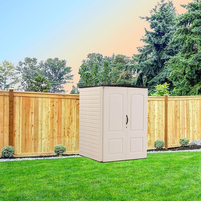 Rubbermaid Medium Vertical Resin Outdoor Storage Shed With Floor (4.3 x 4.6 Ft), Weather Resistant, Beige/Brown, Organization for Home/Backyard/Garden Tools/Lawn Mower/Bike Storage/Pool Supplies