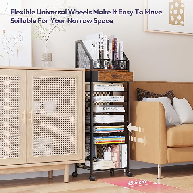 SWTYMIKI 9-Tier Rolling File Cart - Paper Organizer with Drawer and Trays, Wood Desk Office Organizer, Office Organization and Binder Storage for Workspace, Home, School, Espresso