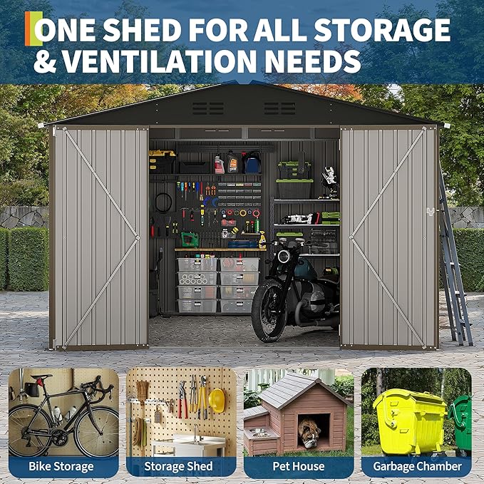 10 x 10 FT Outdoor Storage Shed,Metal Garden Sheds&Outdoor Storage Clearance, Large Tool Shed Outdoor with Single Lockable Door,Ideal Storage House for Backyard Garden Patio Lawn