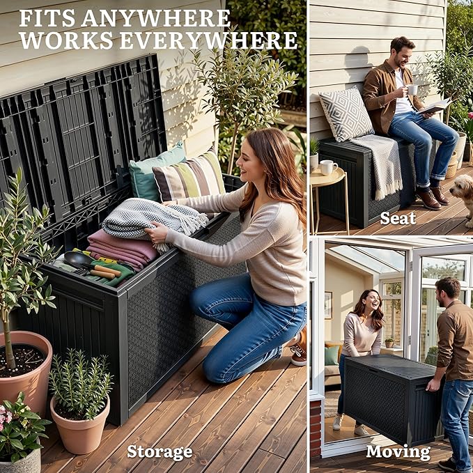 YITAHOME 90 Gallon Outdoor Deck Box, Lockable Resin Deck Box with Handles, Outdoor Storage Box for Patio Furniture, Garden Tools, Waterproof & UV Resistant, Black