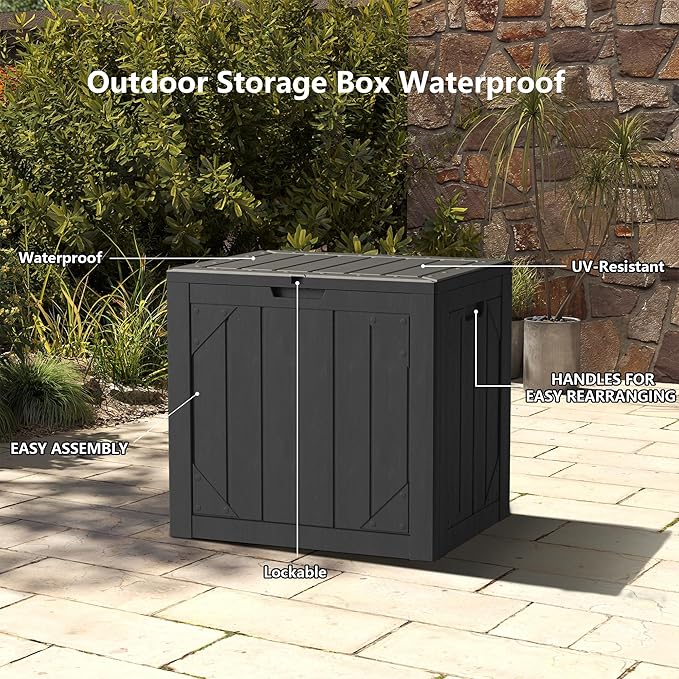 Outdoor Storage Deck Box Waterproof,30 Gallon Lockable Patio Package Delivery Bin as Seat, Resin Storage Container Bench for Furniture Cushions, Pool Accessories, Garden Tools, Grey
