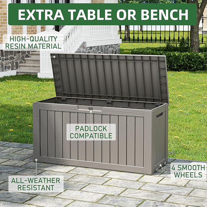 NUNU LAB Outdoor Storage Box, 80 Gallon Large Resin Sturdy Deck Box, Backyard Outside Storage Box Waterproof, Package Delivery Garden Hose Storage Bin Tool, Gray