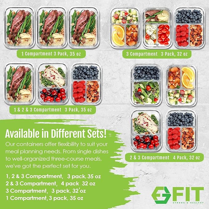 FIT Strong & Healthy Meal Prep Containers Glass, 1 & 2 & 3 Compartments – Portion Control Bento Box Adult, Glass Lunch Containers with Lids, Oven & Freezer Safe Bento Box, 35 oz, Gray, 3 Pack