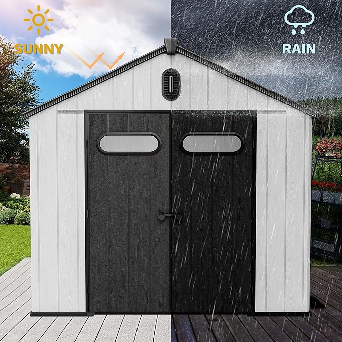 DWVO 8x8 FT Outdoor Storage Shed, Large Extra Thick Plastic Storage Shed with Oval Vision Windows & Lockable Door, 16mm Heavy Duty Outside Garden Shed with Floor & Vents for Patio Tool, Black&Gray