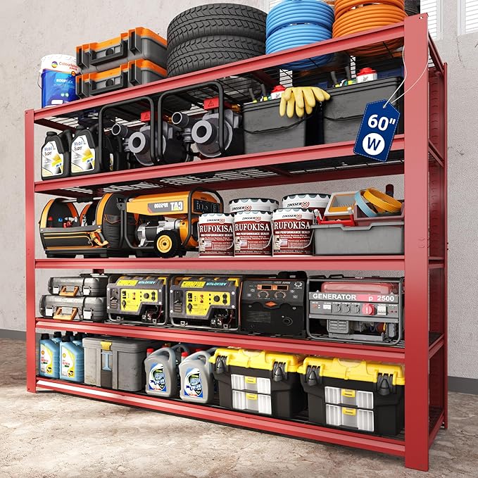 FLEXIMOUNTS 60" W Garage Shelving, 5 Tier Storage Shelves Load 1500LBS, Adjustable Garage Shelving Heavy Duty, Metal Shelves Unit for Basement, Warehouse, 60" W x 72" H x 24" D, Red