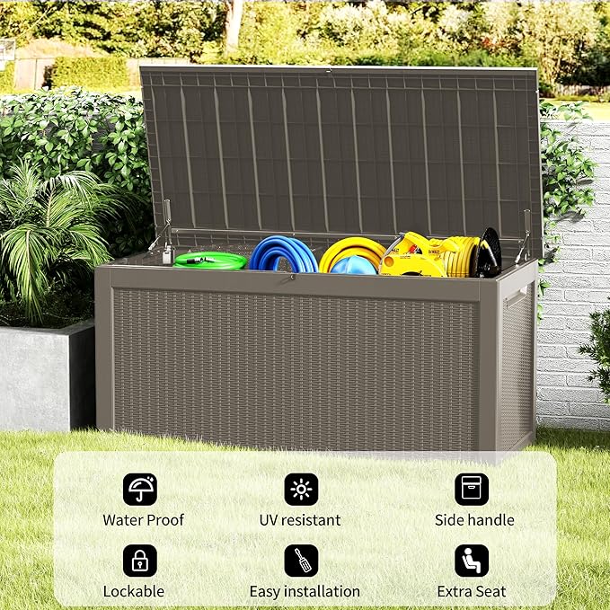 320 Gallon Outdoor Storage Box, Waterproof Resin Deck Box with Lockable Lid Large Storage Bin for Patio Furniture Cushion, Garden Tools, Pool Accessories, UV-Resistant Outside Delivery, Gray