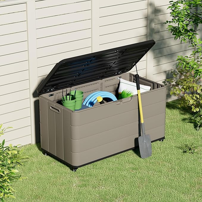 Outdoor Storage Deck Box Waterproof, 110 Gal Wheels Large Lockable Patio Storage Bin Chest, Resin Outside Container Seat Bench for Furniture Cushions, Pool Accessories, Garden Tools & Delivery, Brown