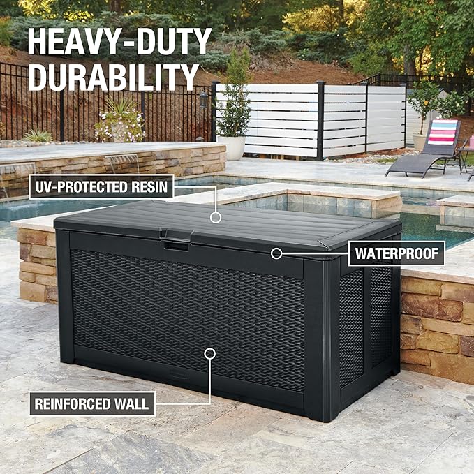 Rubbermaid Extra Large Resin Outdoor Storage Deck Box (134 Gal), Weather Resistant, Black, Deck Organization for Home/Backyard/Pool Chemicals/Toys/Garden Tools/Porch/Patio Cushions