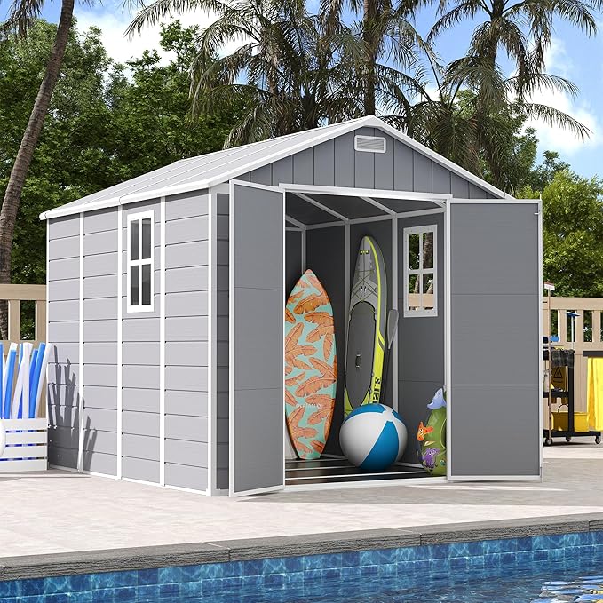 UDPATIO Storage Shed 8 x 8 FT, Resin Outdoor Outside Shed Clearance Sheds with Floor Included Plastic Solitude Cottage Shed She Sheds Buildings Garden Tool Shed with Lockable Door Garbage Gray White