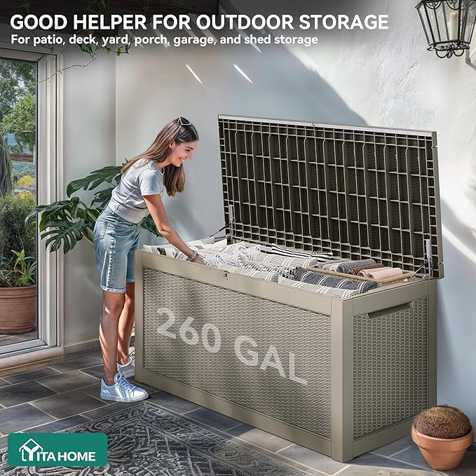 YITAHOME 260 Gallon XXL Large Deck Box, Outdoor Resin Storage Box, Lockable Storage Container for Patio Cushions, Furniture, Garden Tools, Water Resistant (Brown)