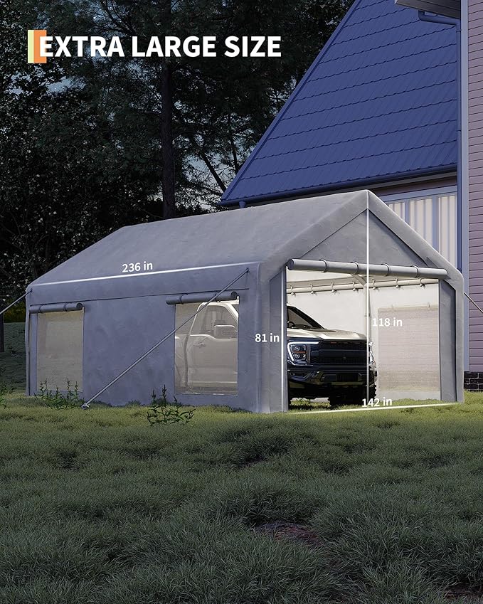 GarveeLife 12x20 ft Portable Garage, Car Port with 200 g PE Tarp Cover, with Front & Rear Roll-Up Doors and 4 Windows, for Temporary Paint Booth, Boats&Pickups Shed, and Event Shelter, White