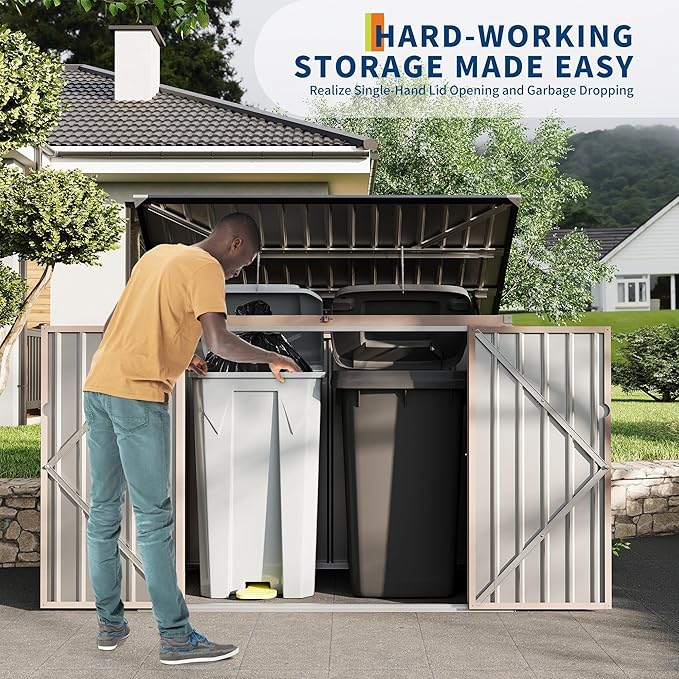 3x6 FT Metal Trash Can Shed, 2-Bin Outdoor Garbage Storage with Chain Lid, Weather-Resistant Bin Enclosure for Garden/Backyard/Patio