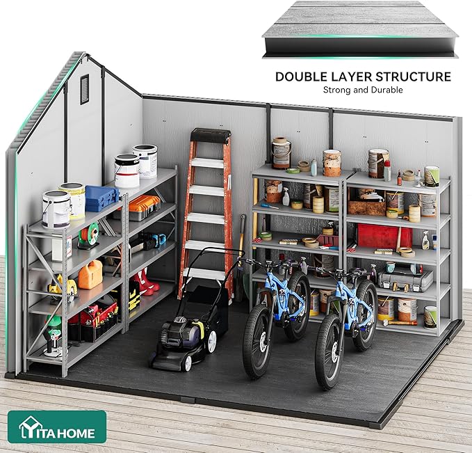YITAHOME 8x10 FT Outdoor Storage Shed with Floor, Extra Thick Plastic Garden Shed for Bikes, Tools and Pool Supplies, Outdoor Resin Shed with Door Window Insert & Vents for Patio, Lawn, Backyard, Gray