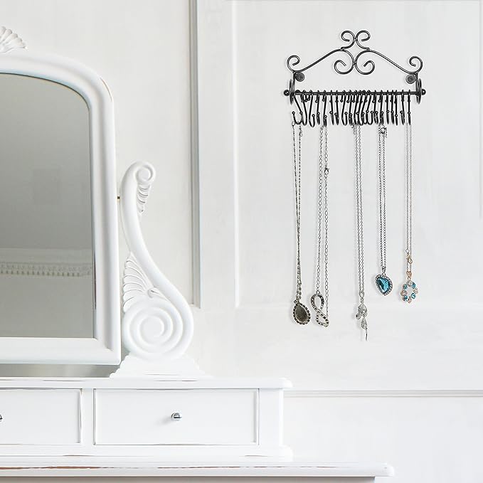 MyGift Jewelry Organizer - Wall Mounted Black Metal Scrollwork Design Necklace Holder Jewelry Display Storage Rack with 20 Hanging S-Hooks