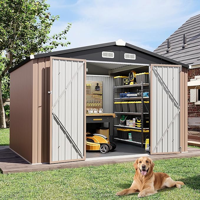 Aoxun Outdoor Storage Shed with Floor - 10x8 FT Metal Shed with Lockable Doors & Air Vents, Waterproof Outside Storage Shed for Tool, Garbage Can, Bike, Mower, for Backyard Garden Patio, Brown