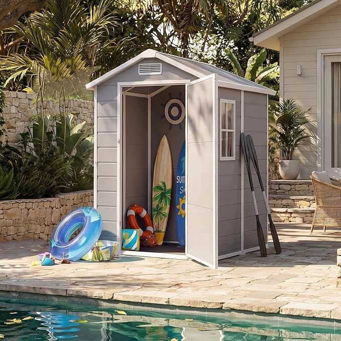 4x6 FT Outdoor Storage Shed with Floor, Plastic Resin Garden Shed with Window & Sloping Roof & Lockable Door for Patio Backyard Garden, Lawn Mower, Bike, Tool Storage