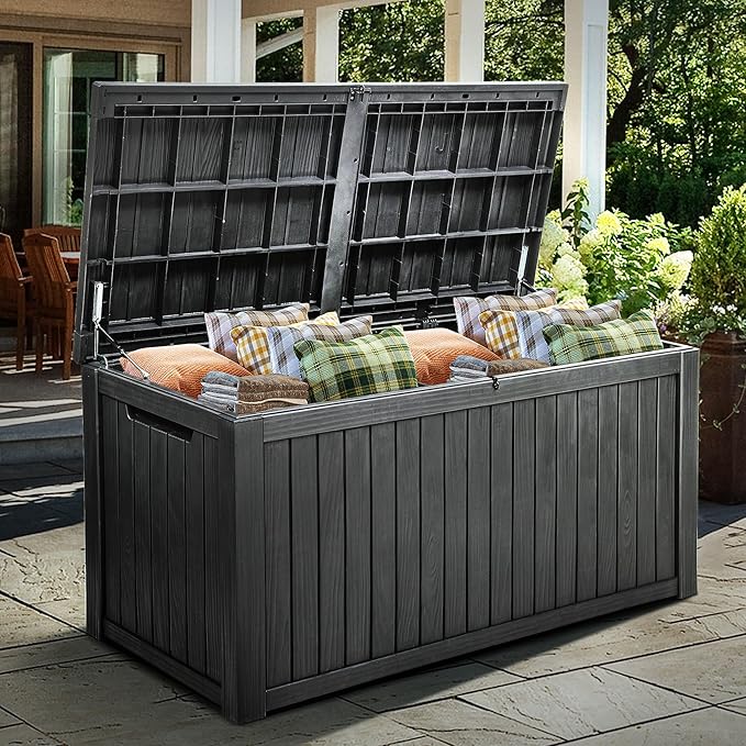 YITAHOME 180 Gallon XL Deck Box Large Outdoor Storage w/Divider for Patio Furniture,Outdoor Cushions, Garden Tools, Sports Equipment and Pool Supplies, Waterproof, Resin, Lockable, Black