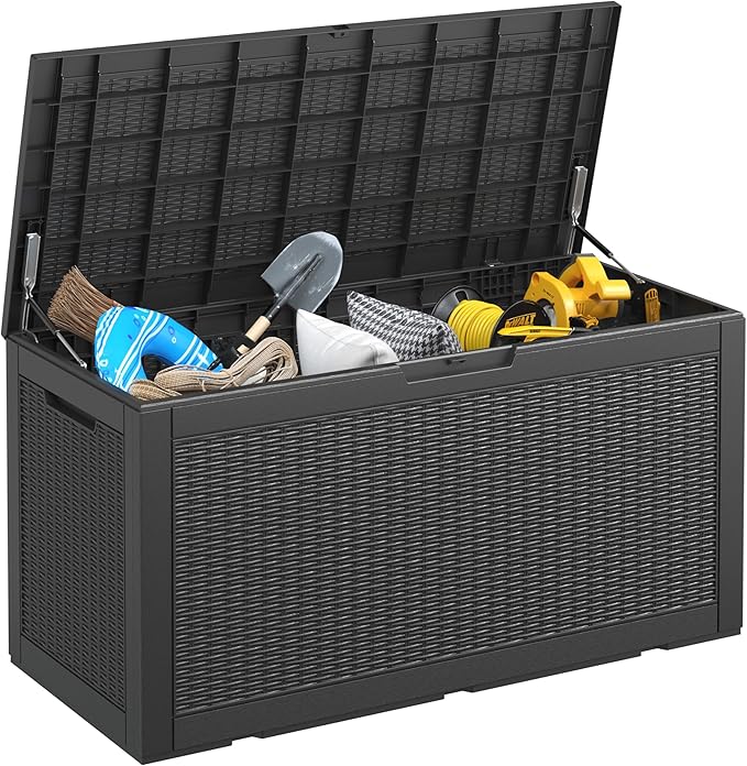 Oudoor Storage Box, 100 Gallon Resin Waterproof Deck Box Outside, Lockable Lid for Delivery Box, Patio, Indoor, Garden Tools, Pool Supplies - Black