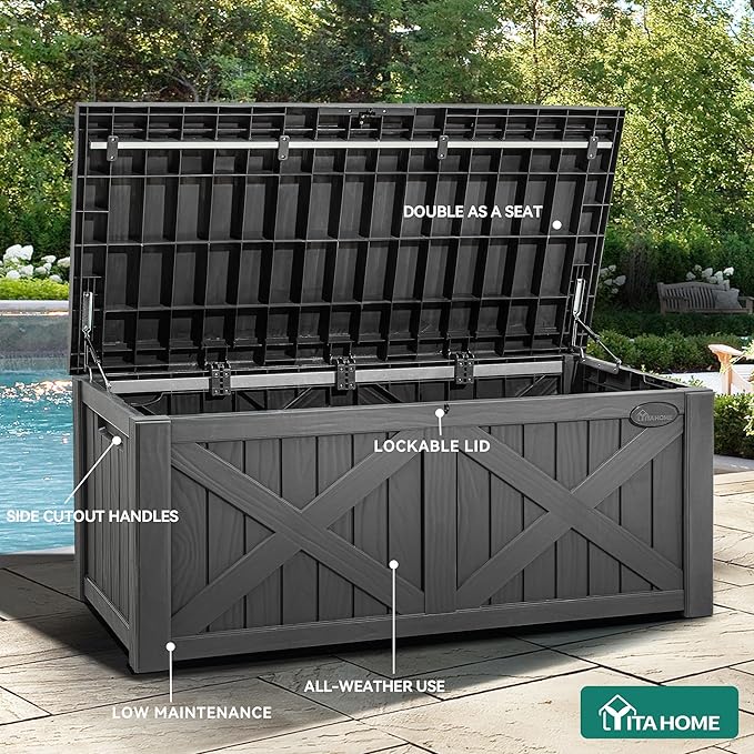 YITAHOME 150 Gallon Large Outdoor Storage Box with X-Shaped Front, Waterproof Resin Deck Box Cushion Storage Bench for Patio, Pool Supplies, Garden Tools - Lockable, Dark Gray