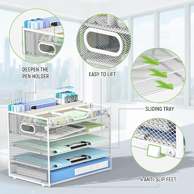 Docnest 5 Tier Mesh Desk Organizer- Letter Tray with Adjustable Compartments, Mesh Desktop Storage Built in Pen Holder and Handles, Desk Organizer Tray for Mail Documents Office Supplies–White