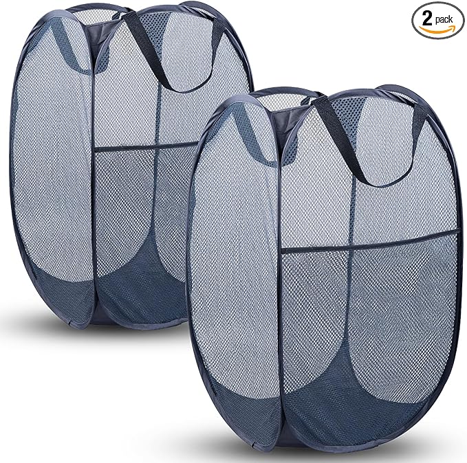DUCOO Pop Up Hamper, 2 PCS Mesh Pop Up Laundry Hamper, Foldable Mesh Laundry Basket with Space Saving Design for Home, Dorm, Travel and Storage, Blue