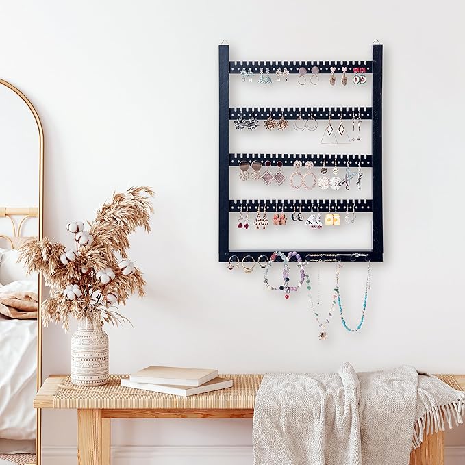 Solid Wood Earring Hanging Jewelry Organizer Wall Mounted Earring Organizer and Necklace Holder- Earring Display for studs, dangling, Necklace, Bracelet, and Rings-Black Color