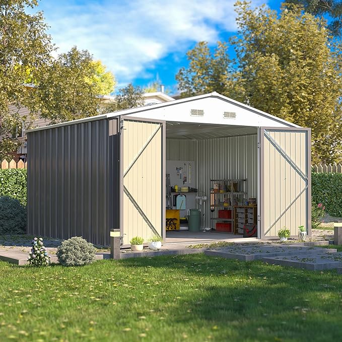 Patiowell 10x8 FT Storage Shed, Outdoor Metal Sheds with Lockable Door and Sloping Roof, Waterproof Outside Large Garden Tool Shed with Breathable Vents for Patio Lawn Backyard, Gray