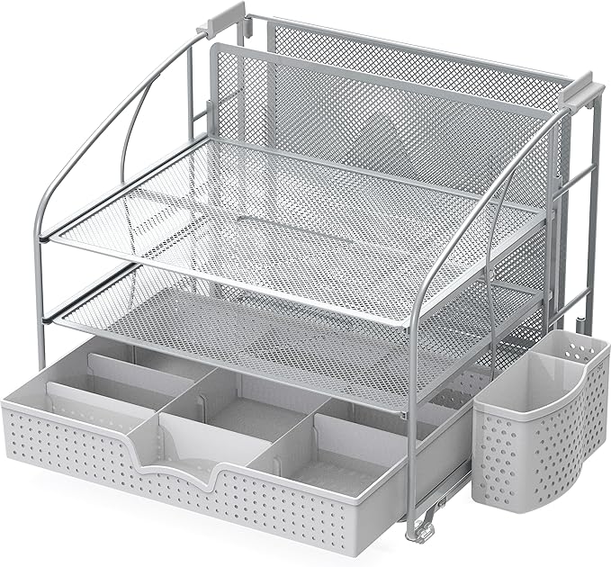 Simple Houseware 3-Tier Desk Organizer with Sliding Drawer, Hanging File Holder and Pen Holder Accessory, Silver