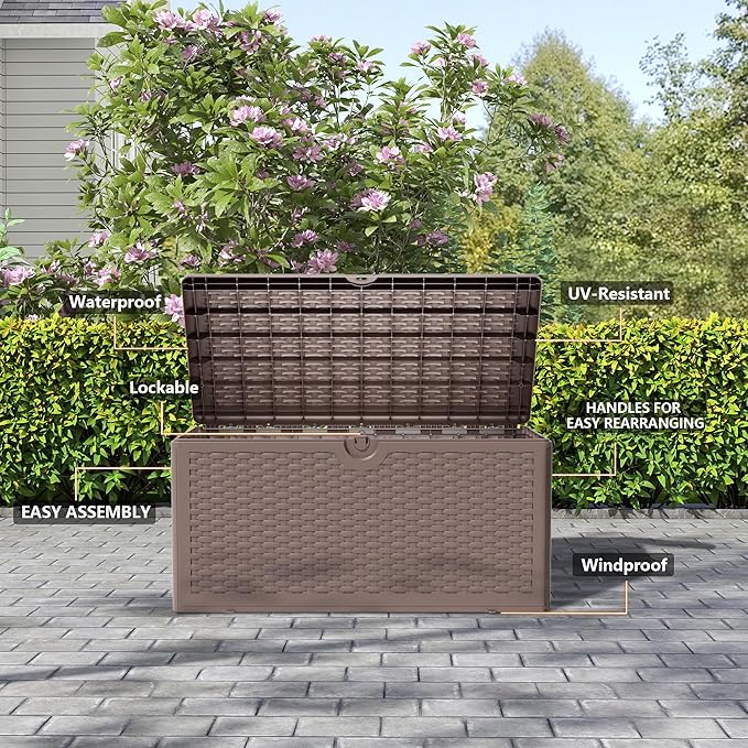 90 Gallon Outdoor Storage Box Waterproof, Lockable Resin Deck Box Large Storage Bin for Patio Furniture Cushion, Garden Tools, Pool Accessories, UV-Resistant Outside Delivery, Brown