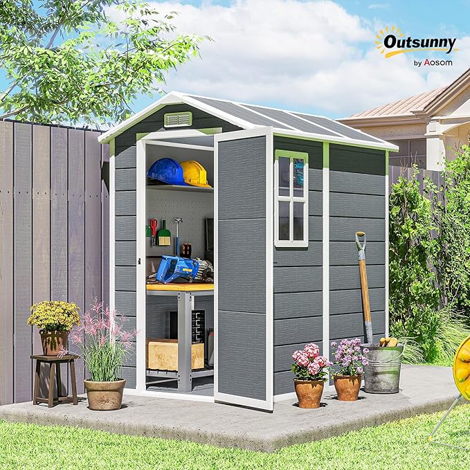 Outsunny 6' x 4' Outdoor Storage Shed, Waterproof Resin Plastic Shed with Floor, Window, Lockable Doors and Vents, All-Weather Garden Tool Shed for Backyard, Patio, Lawn, Gray