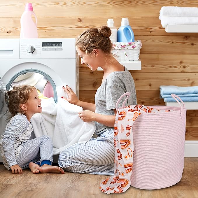 Cotton Rope Laundry Basket Hamper for Girls Kids Baby Nursery Hamper Bin Woven Storage Basket for Living Room Girls room Boho Tall Rope Baskets for Blanket Toys Large light pink