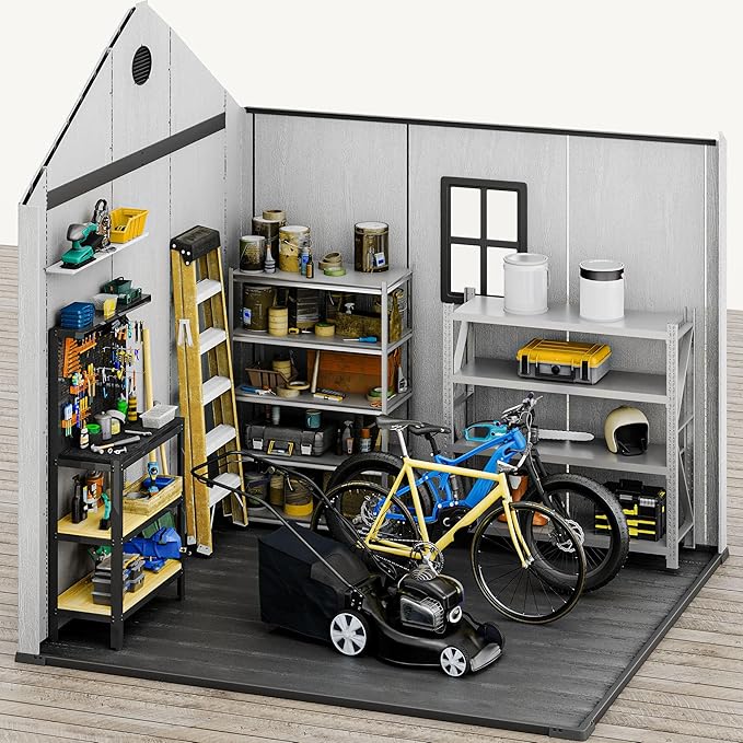 DWVO 8x8 FT Outdoor Storage Shed, Plastic Storage Shed with VisionWindow, Lockable Door & Floor, 16mm Heavy Duty All-Weather Tool Garden Shed with Vent for Patio Bike Lawn Mower Pool Supplies, Gray