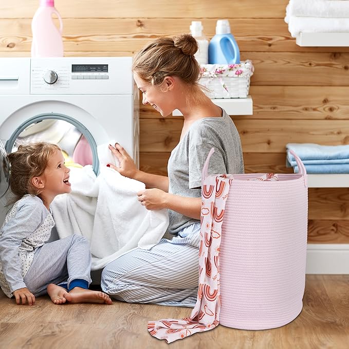 Cotton Rope Laundry Basket Hamper for Clothes Woven Storage Basket for Living Room Bedroom Boho Tall Rope Baskets for Blanket Toys Pillow Towels Baby Nursery Hamper Bin Large light pink