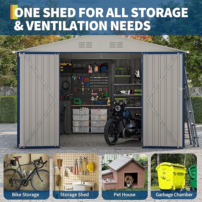 10 x 10 FT Outdoor Storage Shed,Metal Garden Sheds&Outdoor Storage Clearance, Large Tool Shed Outdoor with Single Lockable Door，Ideal Storage House for Backyard Garden Patio Lawn,Navy Blue
