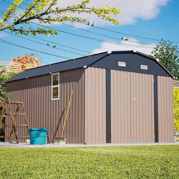 10×12 FT Outdoor Storage Shed,Heavy-Duty Metal Shed with Floor Base,All Weather Waterproof Tool Shed W/Diamond Roof & Windows,Lockable Double Door & 4 Air Vents,for Backyard,Patio,Lawn,Brown