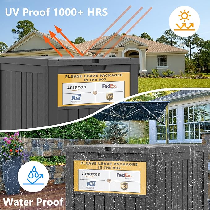 Package Delivery Box for Outside with Sign, 48 Gallon Storage with Lockable Secure, Large Double Wall Resin Outdoor Package Delivery Waterproof