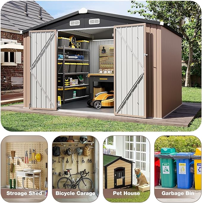 Aoxun Outdoor Storage Shed with Floor - 10x8 FT Metal Shed with Lockable Doors & Air Vents, Waterproof Outside Storage Shed for Tool, Garbage Can, Bike, Mower, for Backyard Garden Patio, Brown
