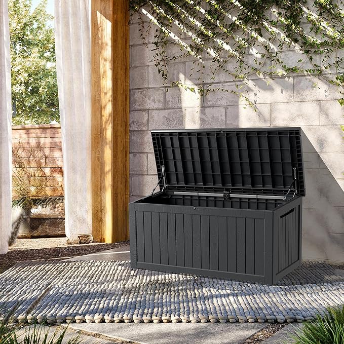 200 Gallon Lockable Resin Outdoor Storage Box, Waterproof & Weather Resistant Deck Box for Patio Cushion, Garden Tools & Pool Accessories, Black