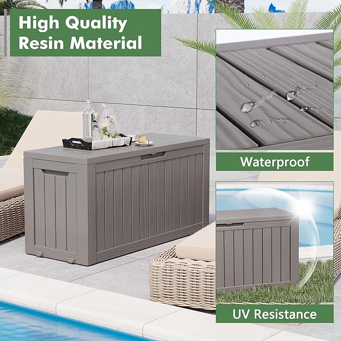 NUNU LAB Outdoor Storage Box, 80 Gallon Large Resin Sturdy Deck Box, Backyard Outside Storage Box Waterproof, Package Delivery Garden Hose Storage Bin Tool, Gray