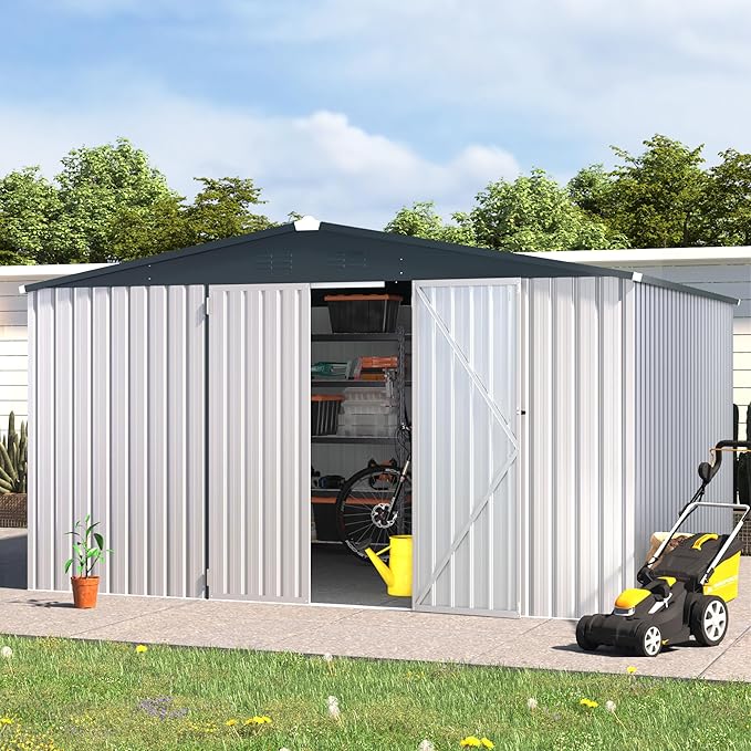 AECOJOY Shed 10'x12' Storage Shed Large, Sheds & Outdoor Storage Clearance 12x10 Sheds with Lockable Doors, Utility and Tool Storage Shed for Garden, Backyard, Patio, Outside use in White