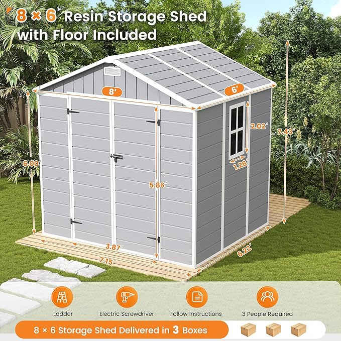 UDPATIO Resin Storage Shed 8 x 6 FT, Outdoor Garden Sheds with Floor Plastic Patio Outdoor Storage Shed with Lockable Door, Gray White