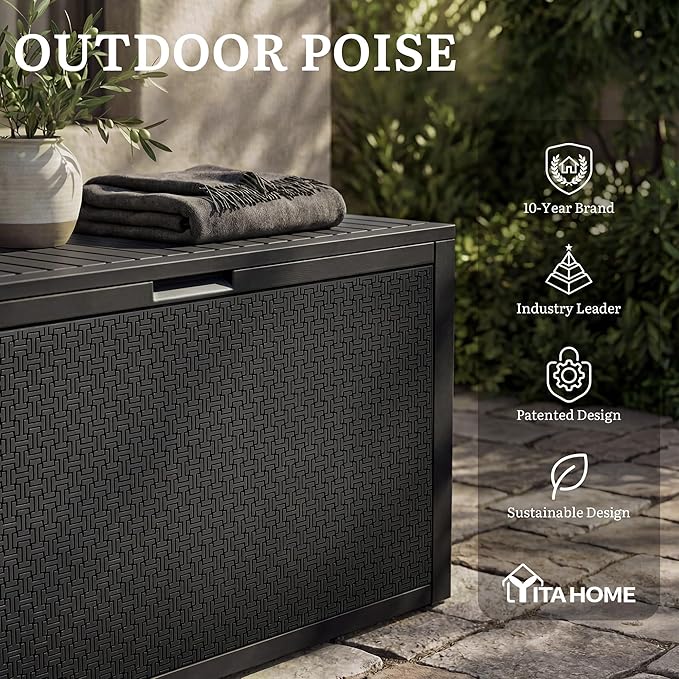 YITAHOME 90 Gallon Outdoor Deck Box, Lockable Resin Deck Box with Handles, Outdoor Storage Box for Patio Furniture, Garden Tools, Waterproof & UV Resistant, Black