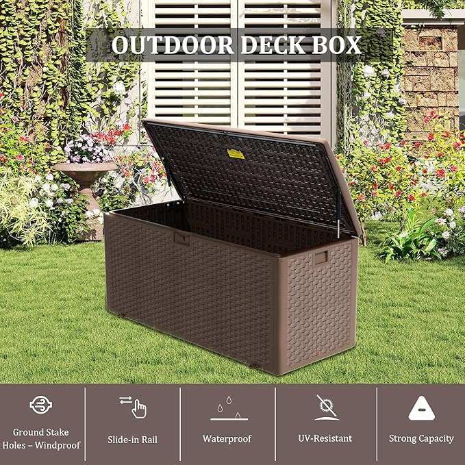 Outdoor Storage Box, 180 Pro Gallon Resin Deck Box Waterproof for Patio Furniture, Garden Tools and Pool Accessories, Lockable UV-Resistant Storage Bin Bench Cabinet for Outside, Brown