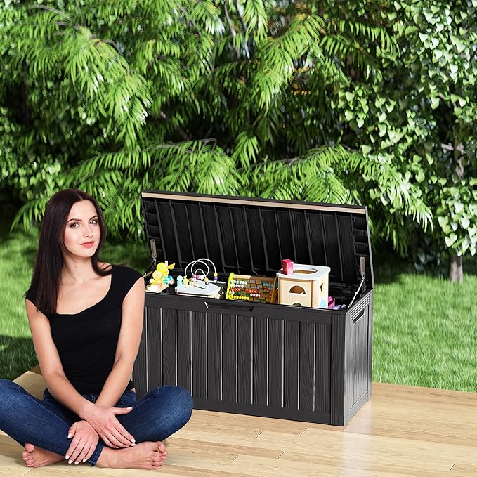 Outdoor Storage Deck Box Waterproof,80 Gallon Lockable Patio Package Delivery Bin as Seat, Resin Storage Container Bench for Furniture Cushions, Pool Accessories, Garden Tools, Black