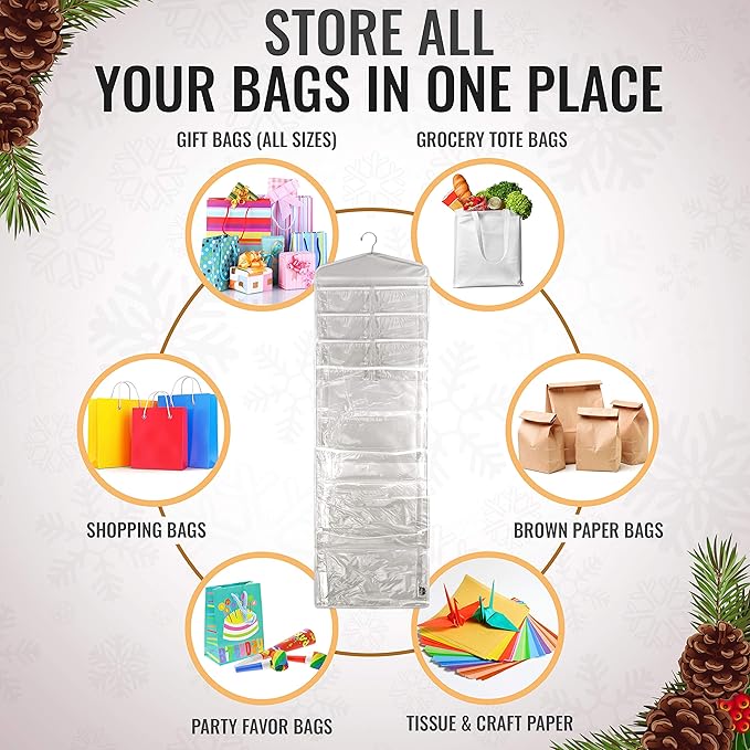 Large Double-Sided Hanging Gift Bag Organizer and Tissue Paper Holder (Grey)